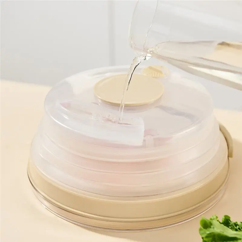 LITE-Microwave Splatter Cover With Handle And Seasoning Groove, Collapsible For Food With Base Plate