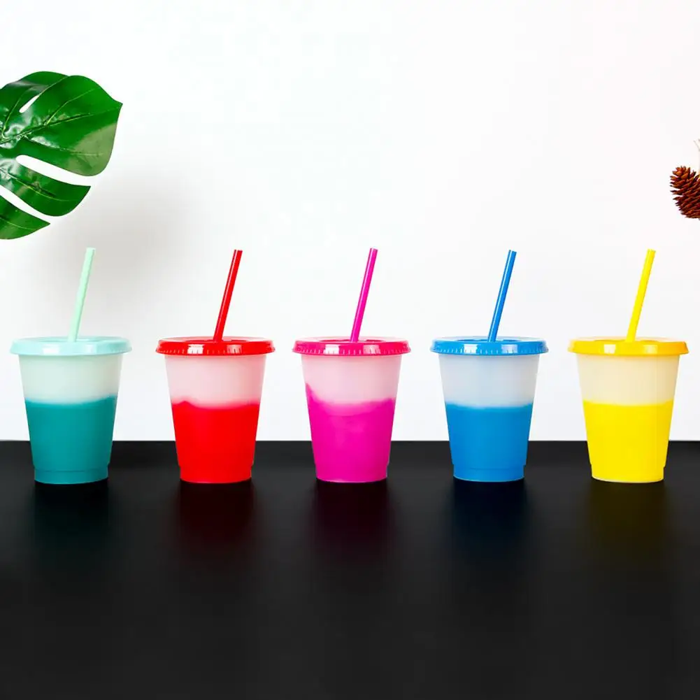 473ml Water Cup Large Capacity Lidded Color Changing Plastic Translucent Straw Cup Food Grade BPA Free Drinking Cup For School