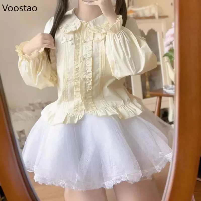 Japanese Kawaii Lolita Shirt Women Sweet Bow Peter Pan Collar Long Sleeve Ruffles JK Top Spring Autumn Girls Cute Blouse Clothes