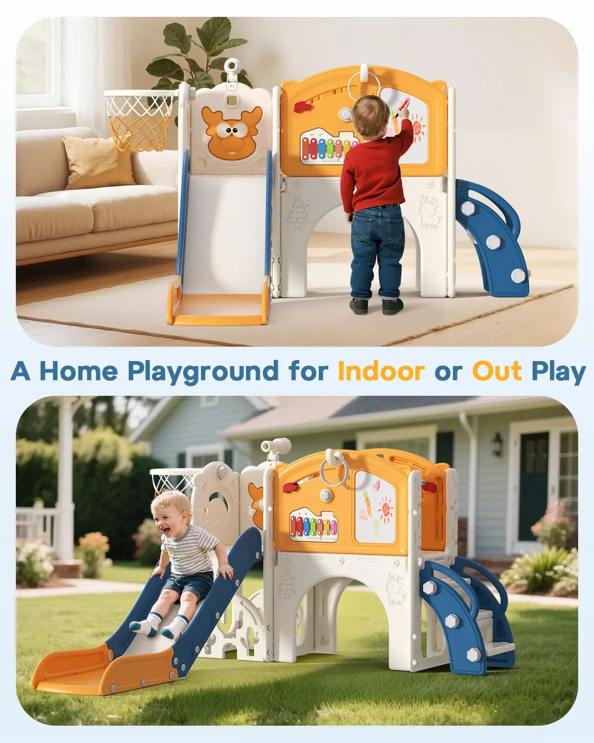 Toddler Slide Set, 13 in 1 Kids Indoor Outdoor Slide for Toddler 1-3 | Toddler Slide with Basketball Hoop, Golf Game & Drawing B