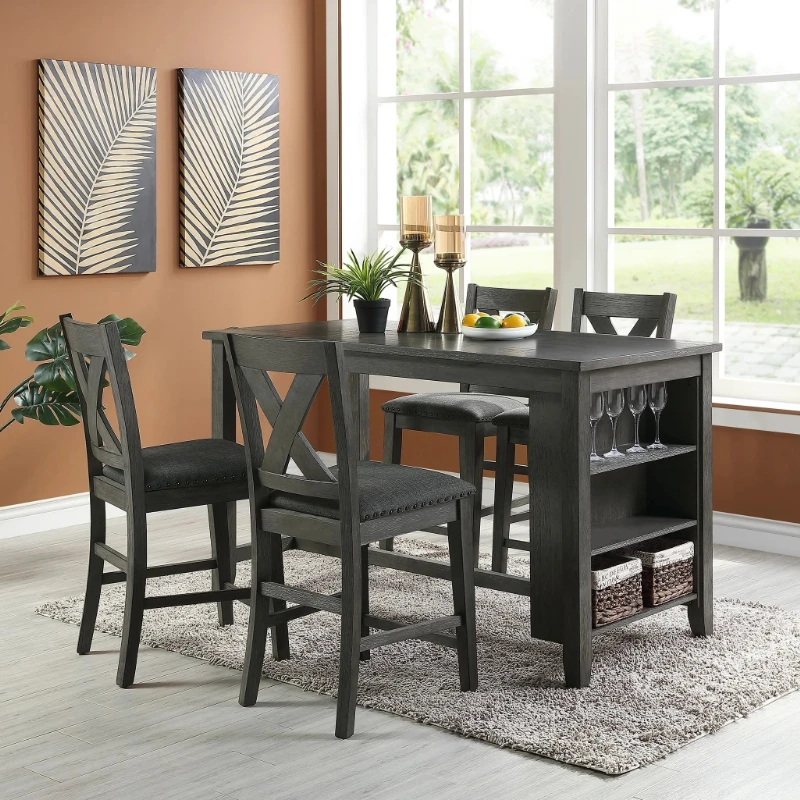 Modern Dark Brown Finish 5pc Counter Height High Dining Table w Storage Shelves 4x High Chairs Wooden Kitchen Breakfast Table Di
