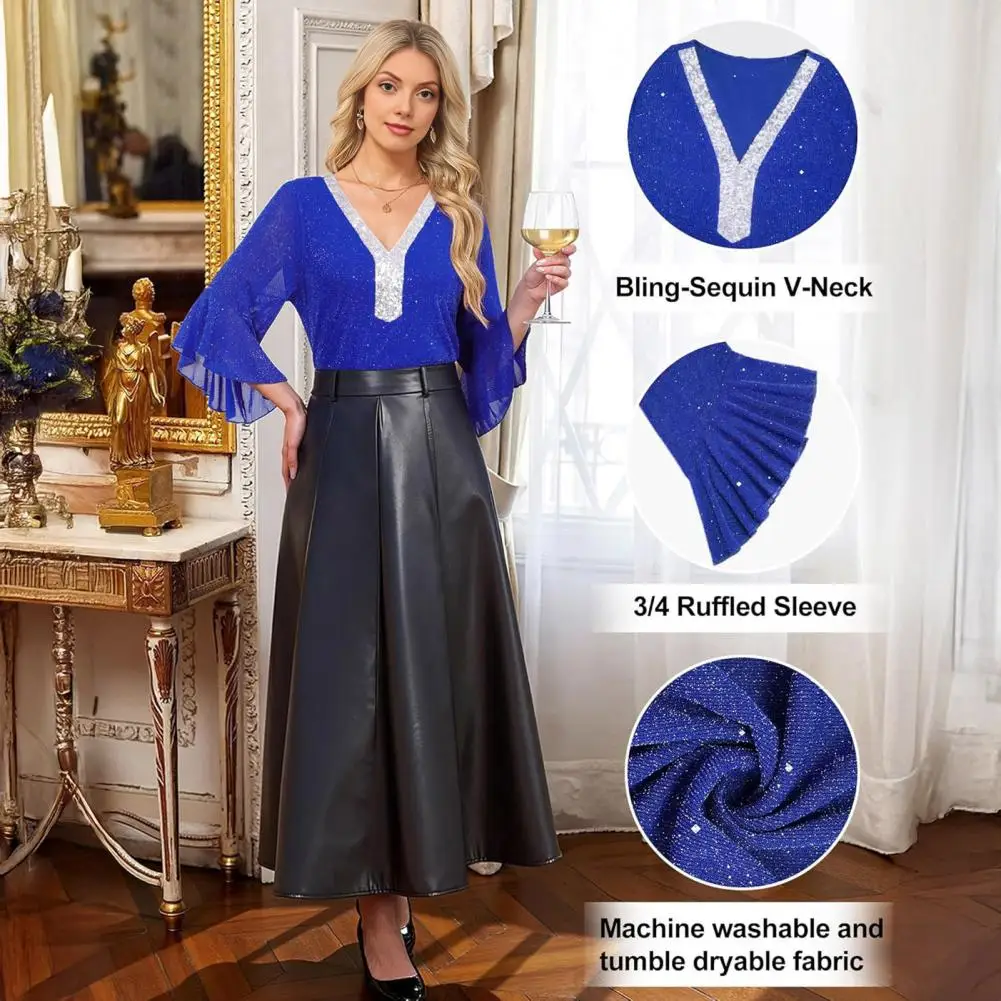 

Удобная для кожи женская одежда: блузки с рюшами и рукавами 3/4, украшенные блестками, с V-образным вырезом, повседневные и нарядные блузки, блестящие рубашки для осени.