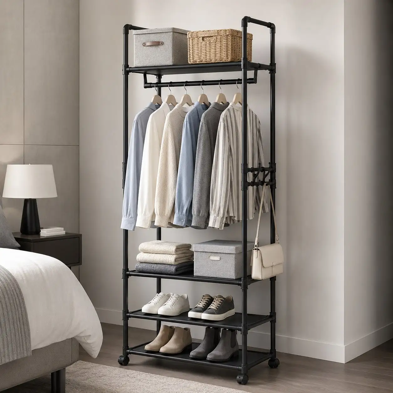 Rolling Clothes Rack With Wheels White 3 Tier Garment Rack With Shelves Hanging Rod Side Hooks Metal Portable Clothes Stand Shoe Rack Organizer For Bedroom Entryway Laundry Room Gift view 6