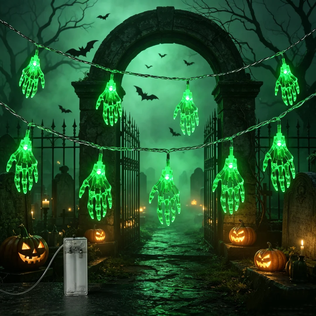 1PC 20LED Clear Skeleton Palm String Lights Creepy Bone Hand Hanging Lights For Halloween Bar Cafe Yard Haunted Home Decoration