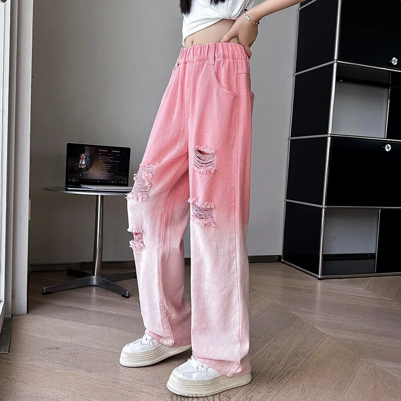 Fashion Child Pink Gradient Jeans for Girl High Street Destroy Denim Pants Kids Designer Broken Ripped Jeans Trousers With Hole