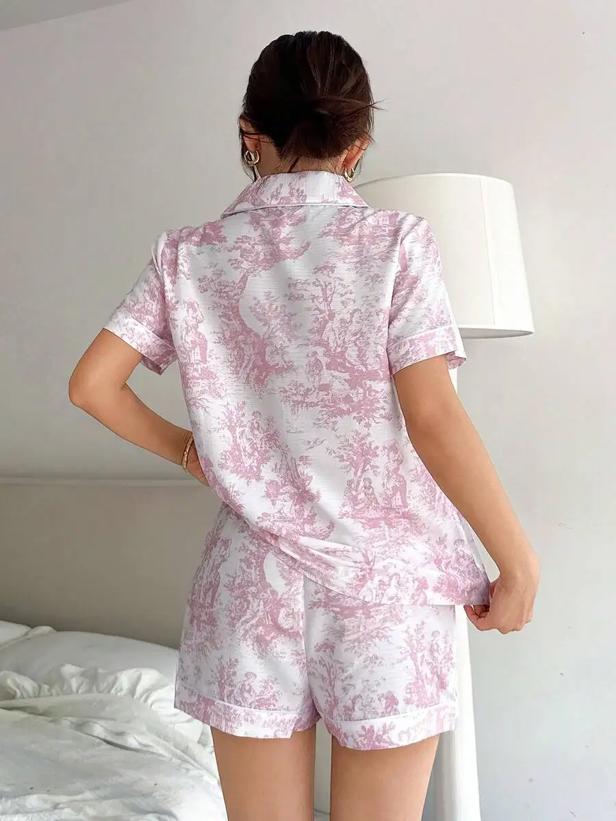 

Pink Toile Print Lapel Short Sleeve Pajama Set For Women Summer Lounge Wear