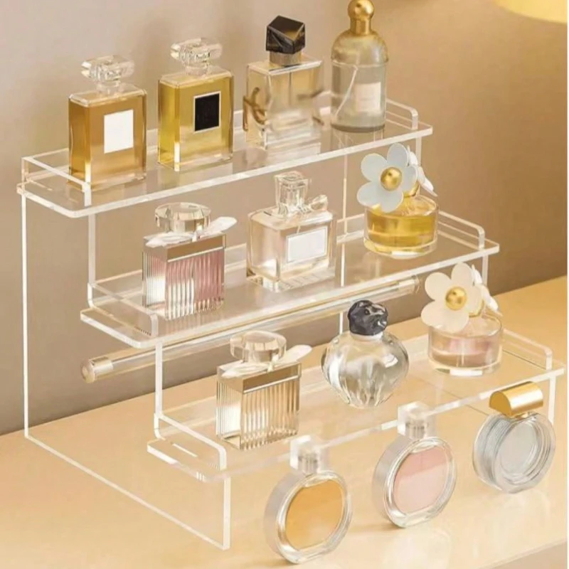 Transparenter trapezförmiger Präsentationsständer aus Acryl, mehrschichtiger Kosmetik-Organizer, Parfüm-Aufbewahrungsregal, Desktop-Vitrine für Sammlerstücke