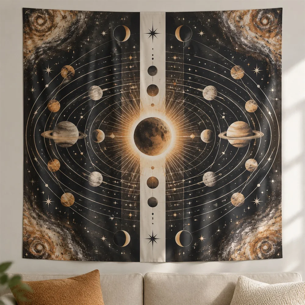 VIKAMA Planet Orbits Tapestry Wall Hanging, Cosmic Aesthetic Room Decor Wall Art Tapestries for Bedroom Study Living Room Office