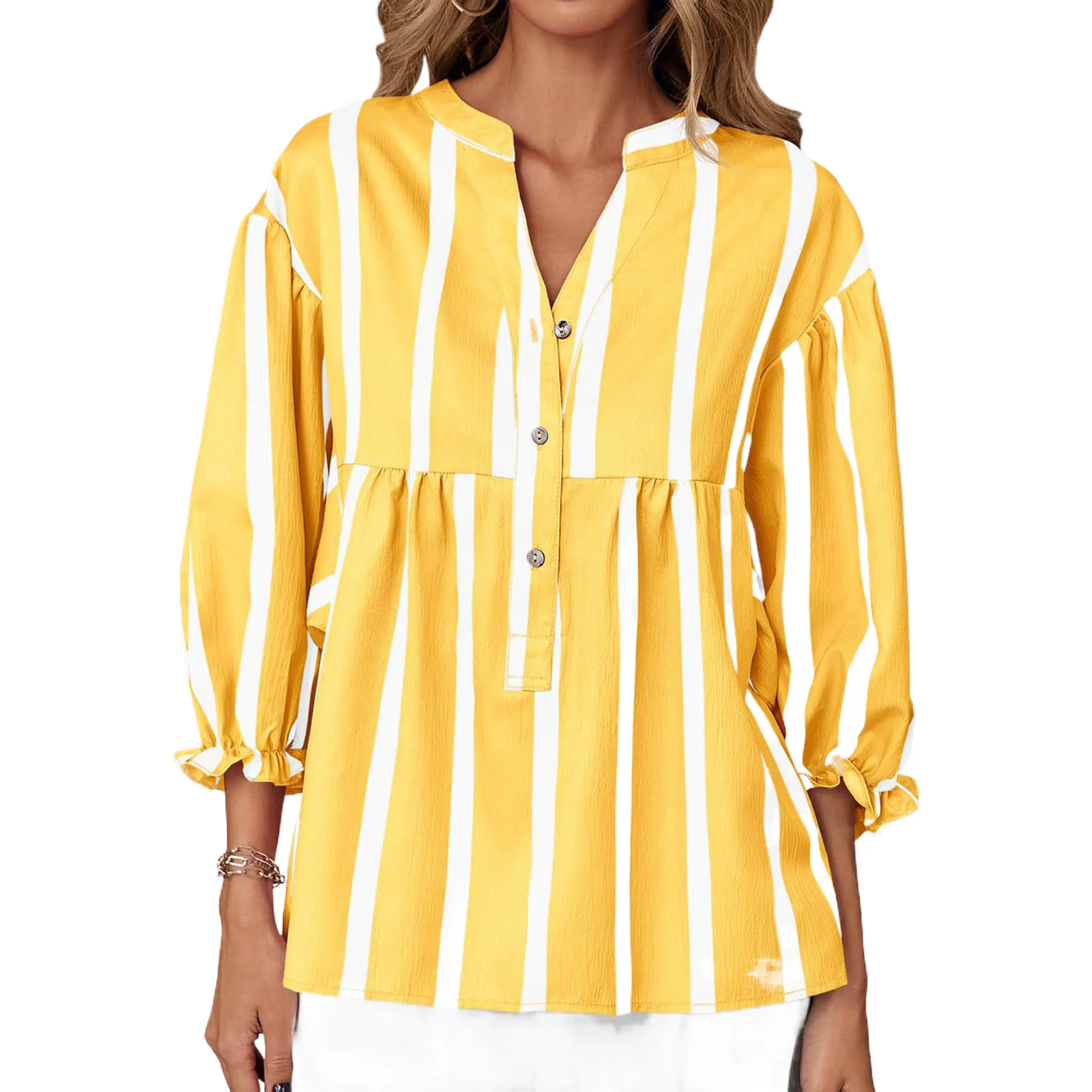 قميص مطبوع مخطط فضفاض، أزرار على شكل حرف V، أكمام سبعة أرباع مقسمة ​ ​ قميص ربيع الخريف التنقل الملابس النسائية