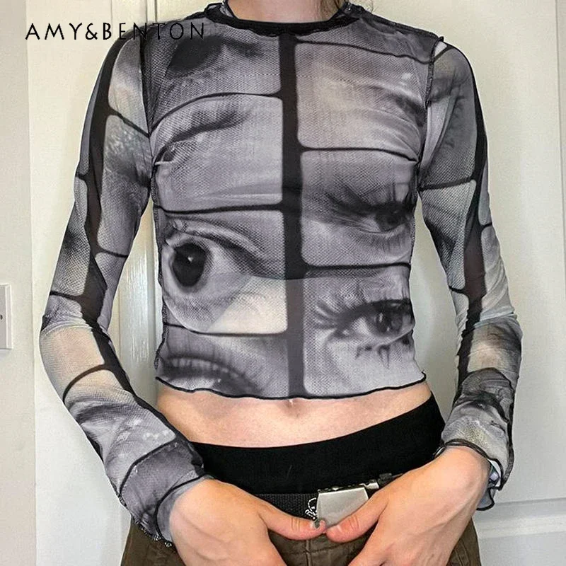 

2024 Autumn Subculture Punk Y2k Millennial Extra-large Eye Printing Mesh Design Short T-shirt For Women