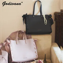 Japanese Style Strap Bow Large Capacity Tote Commuter Women's Shoulder Bags Sweet Pink Shopping Bag Fashion Leather Bags