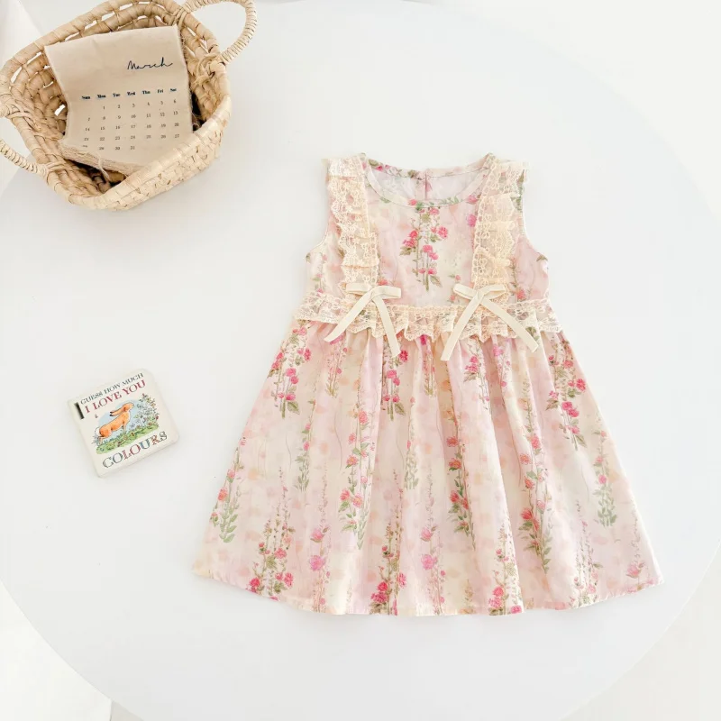 Summer Monet Garden Lace Strap Princess Dress Sweet Sleeveless Printed Dress for Little Girls and Toddlers