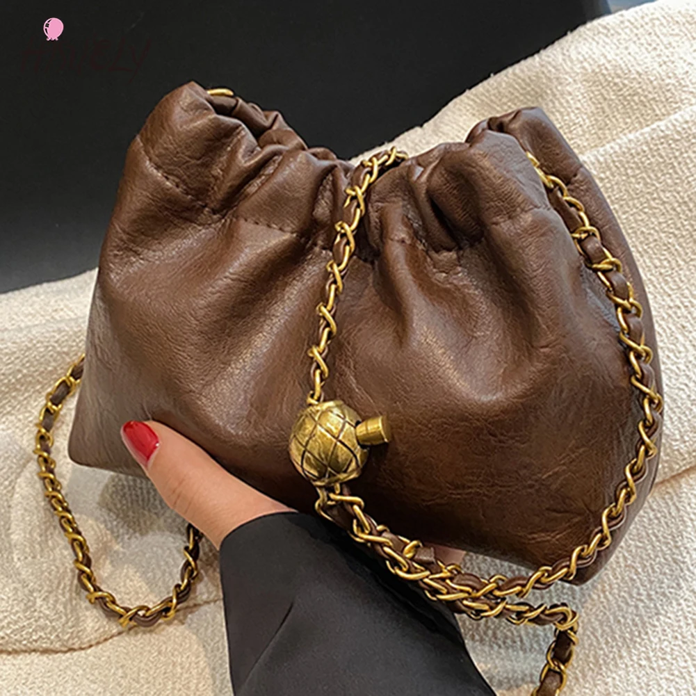 

New Womens Chain Hobo Bag Tote Shoulder Handbag Crossbody Bags Trendy Drawstring Small Dating Girl Casual Pleatd Satchel Purse