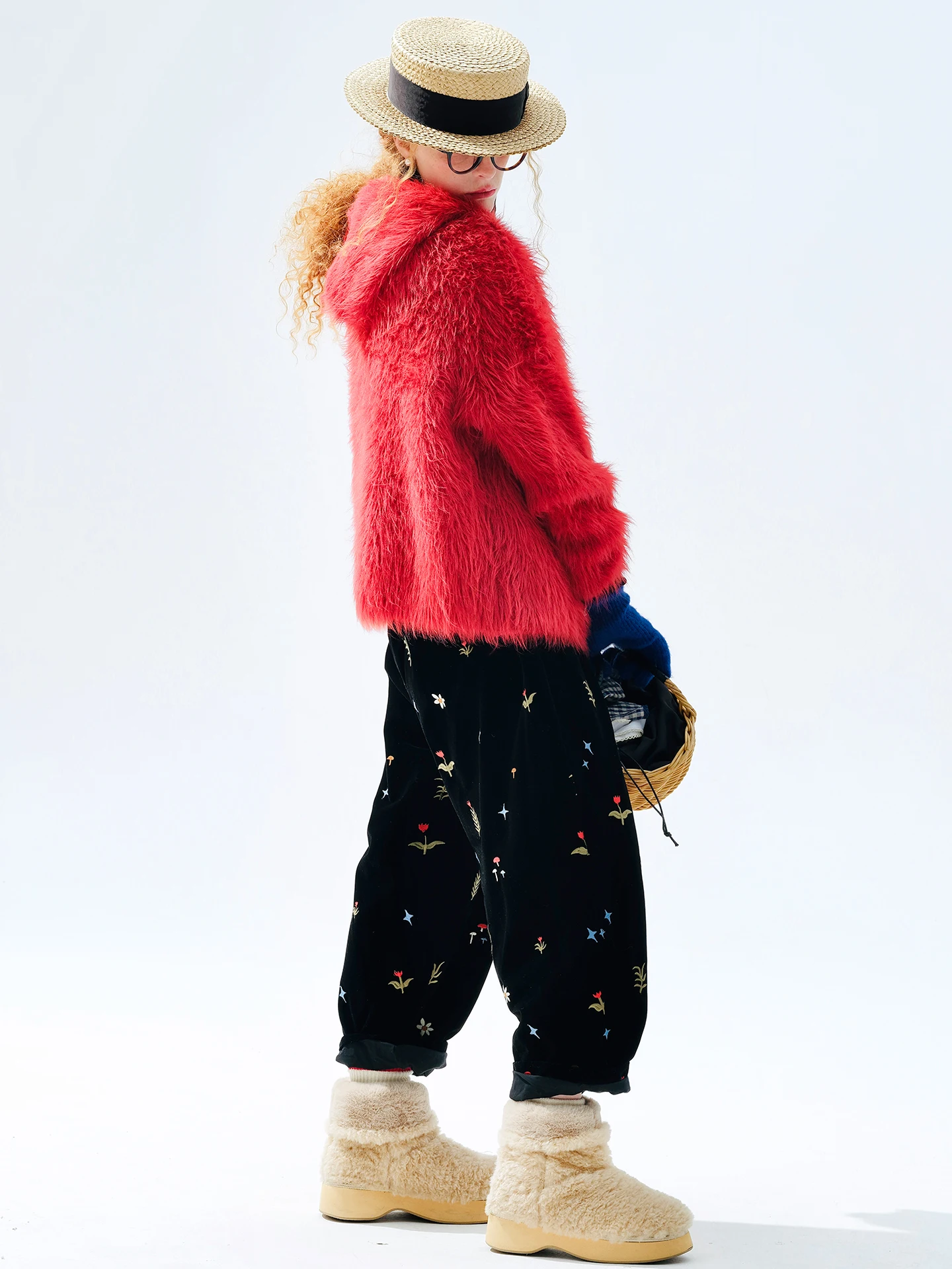 Floral Embroidered Casual Pants, Elastic Waist, Daily Streetwear, Sweet Atmosphere 255296