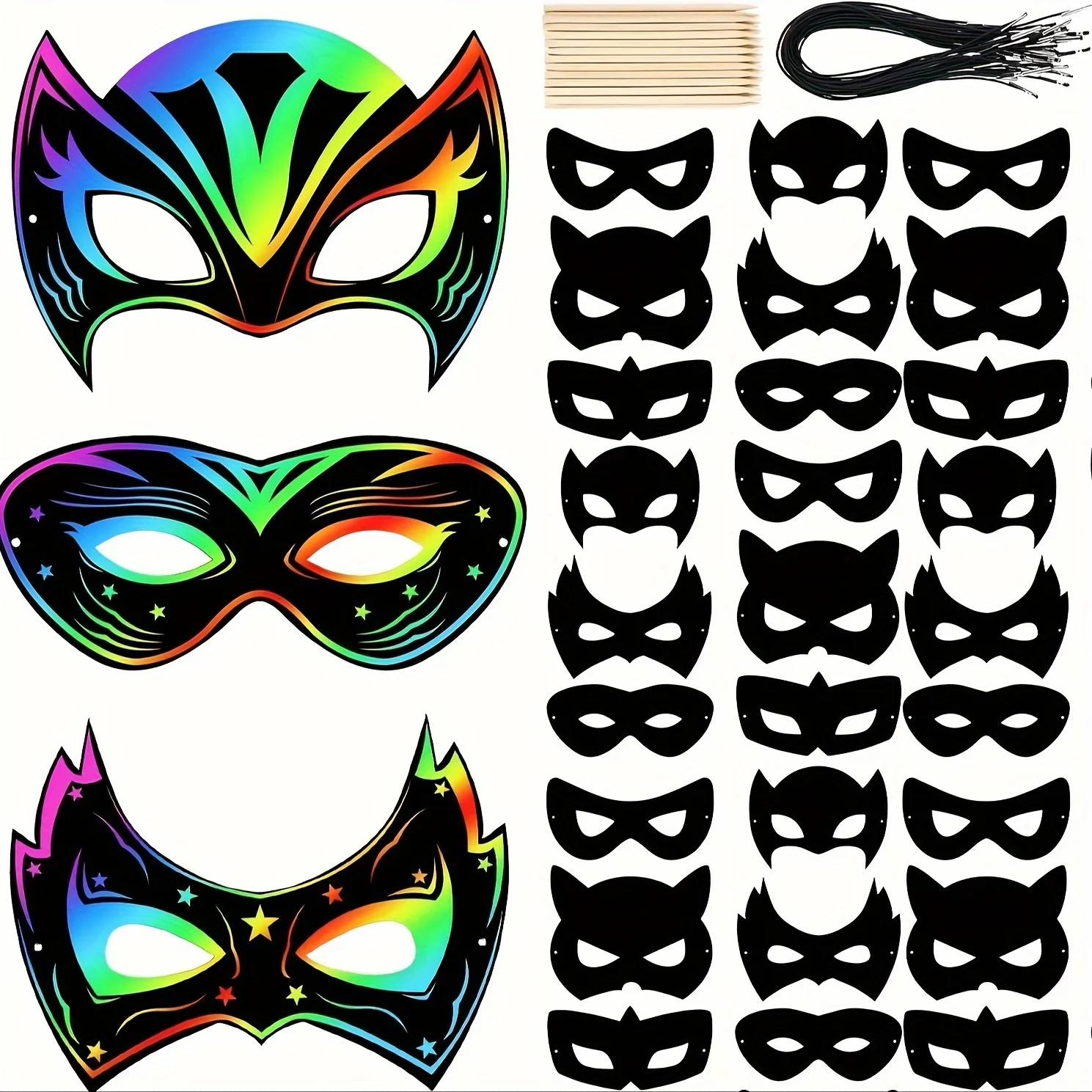 12pcs DIY Scratch Paper Mask Craft Rainbow Horse Masks Photo Props for Cosplay Dress Up Halloween Birthday Party Favors