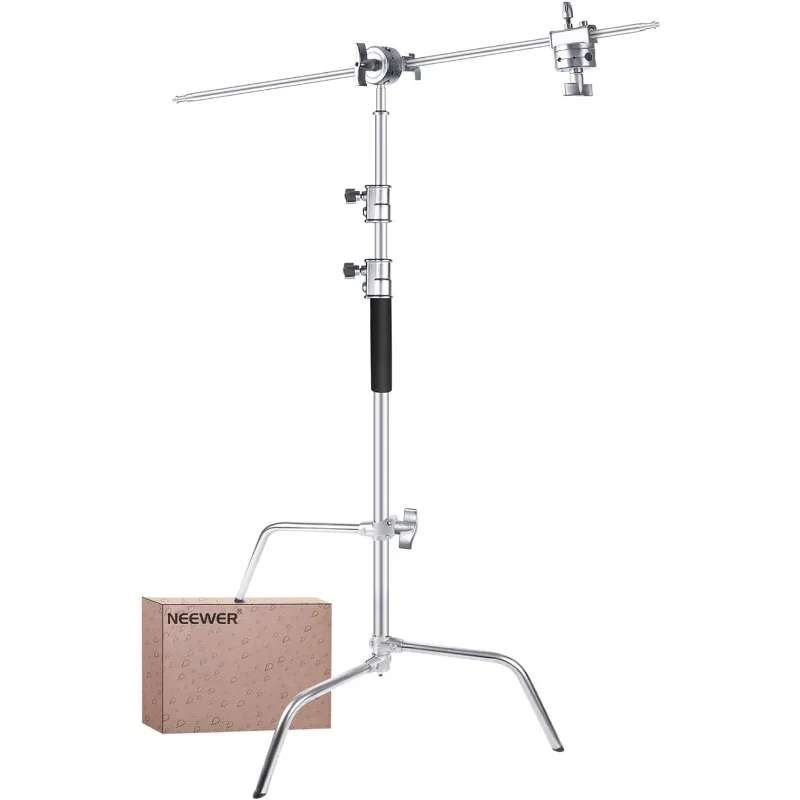 Stand with Boom Arm & Sliding Legs, Pro 100% Stainless Steel Stand Max Height 10.13ft/309cm with 3.9ft/120cm Arm & 2 Grip