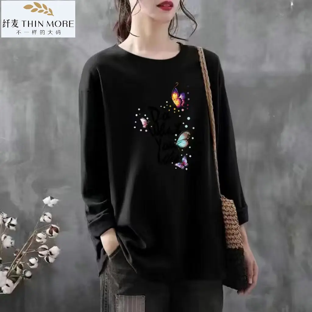 Women Clothing Fashion Pure Cotton O-neck Long Sleeve T-shirt Autumn Casual Loose Butterfly Print Tee Office Lady Elegant Tops