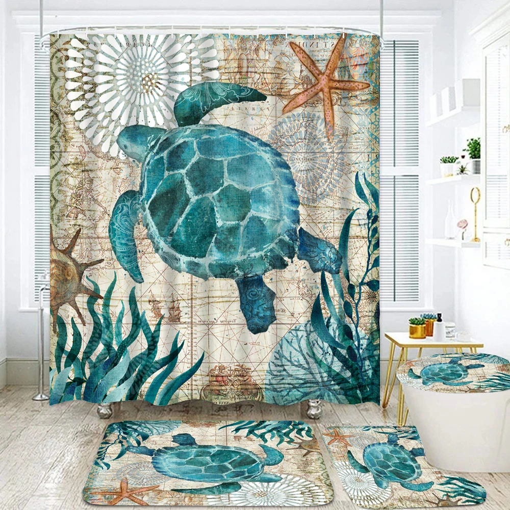 3D Ocean Seabed Animals Toilet Cover Bath Mat Sets Fish Sea Turtle Print Bathroom Curtain Set Waterproof Fabric Shower Curtains