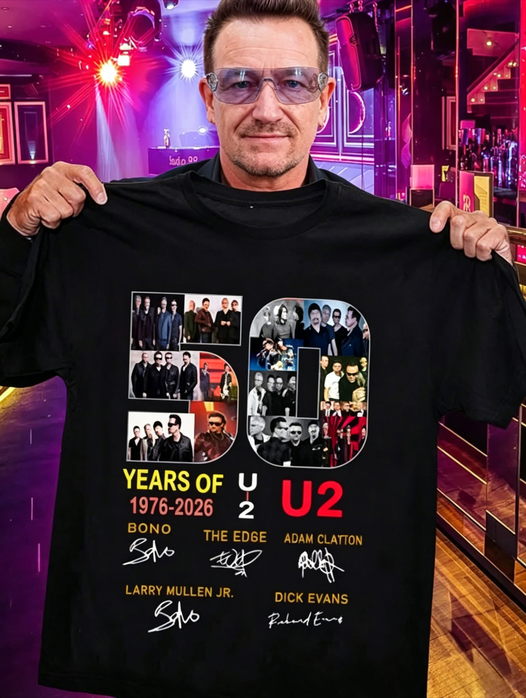 Unisex U2 Band 50th Anniversary Graphic Tee 1976-2026 Vintage Rock Tribute Signatures T-Shirt Casual Street Style Music Apparel