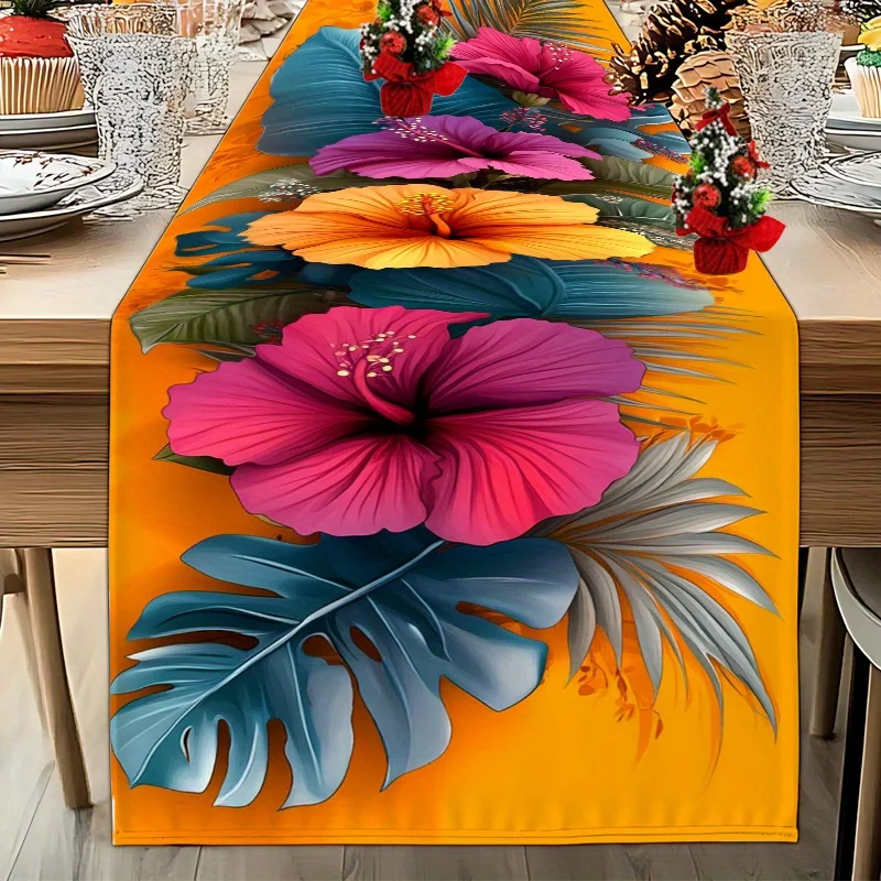 1 Piece Tropical Floral Bright-Colored Printed Table Runner, Suitable for Farmhouse, Indoor, Kitchen, Celebrations, Table Decoration, Restaurant, and Banquet Decoration Supplies