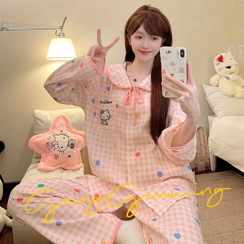 

Sanrio Hello Kitty, пижамы для молодых девушек, кавайные студенческие осенне-зимние брюки с длинными рукавами и длинными рукавами, комплект домашней одежды для общежития