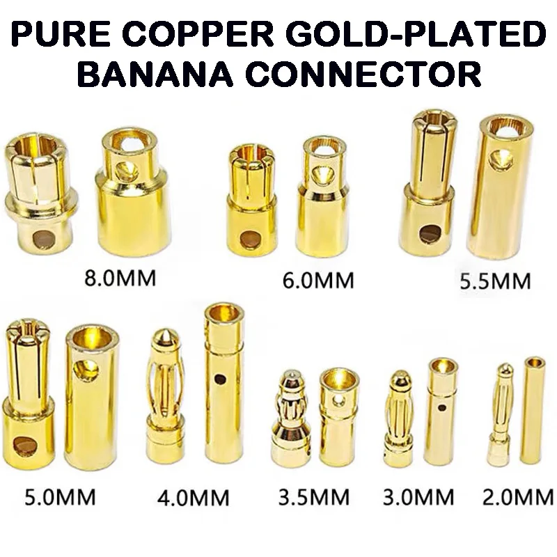40pcs RC Bullet Connectors 2mm 3mm 3.5mm 4mm 5mm 5.5mm 6mm 8mm Male Female Banana Bullet Connector Plug Gold-plated Adapter