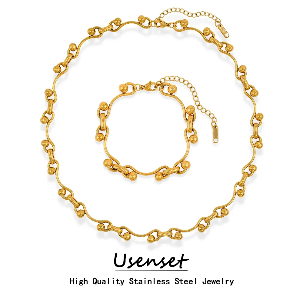 USENSET Stainless Steel Women Jewelry Set Trend Wavy Creative Handmade Chunky Hoop Chain Gold Color Choker