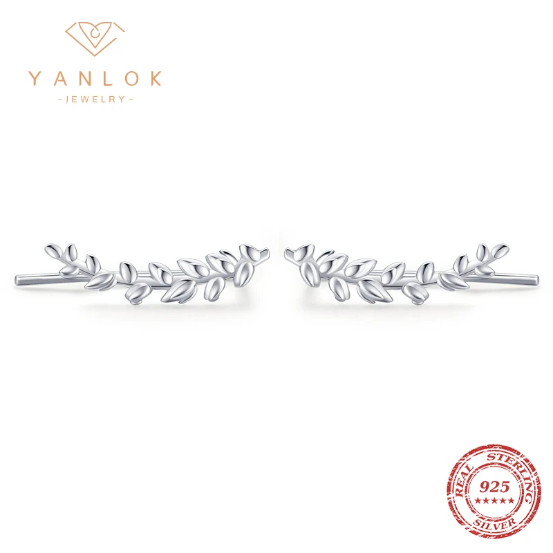 YANLOK Silver Leaf Plant Stud Earrings 100% 925 Sterling Silver Simple Cute Earring for Women Fashion Fine Jewelry