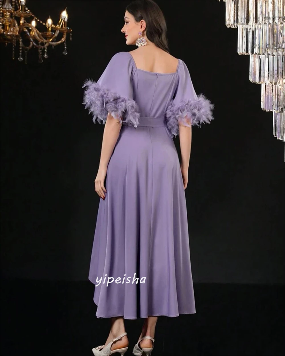 Yipeisha Classic Modern Style Square Collar A-line Beading Feathers Draped Satin Bespoke Occasion Dresses