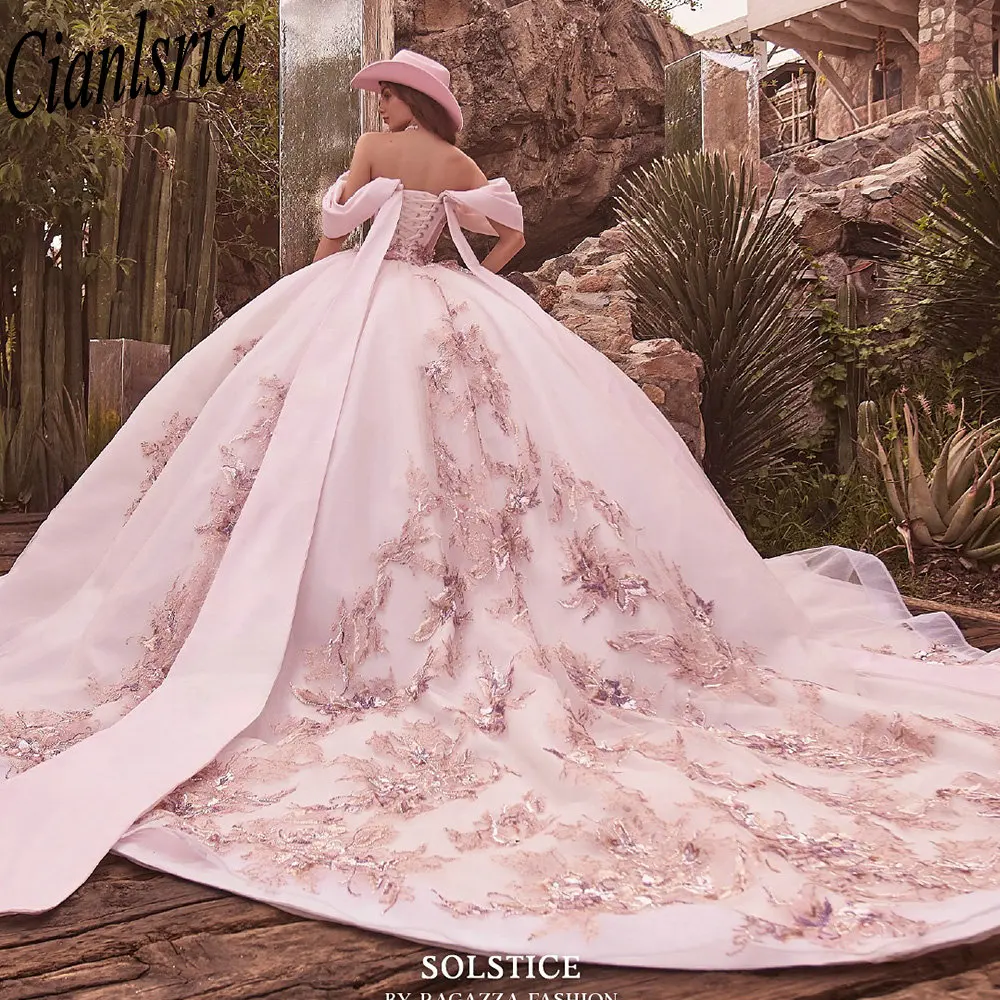 

Pink Detachable Sleeve Beading Crystal Quinceanera Dresses Ball Gown Appliques Lace Sweet 15 Años Mexican Customized