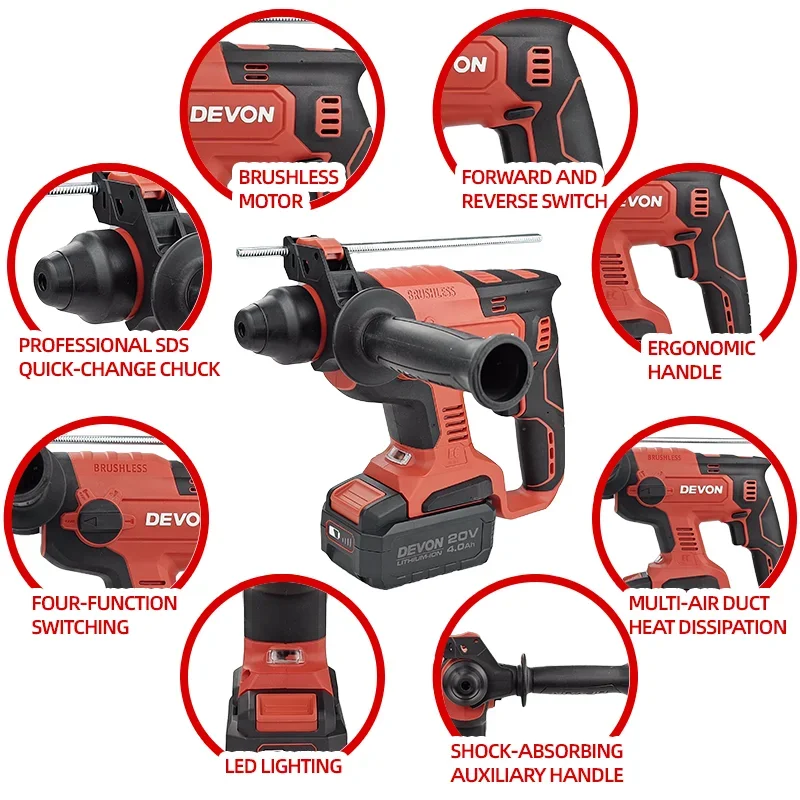 Devon 5401-Li-20V 22mm Brushless Cordless Rotary Hammer Impact Drill Multifunctional Power Tool For 20V Battery