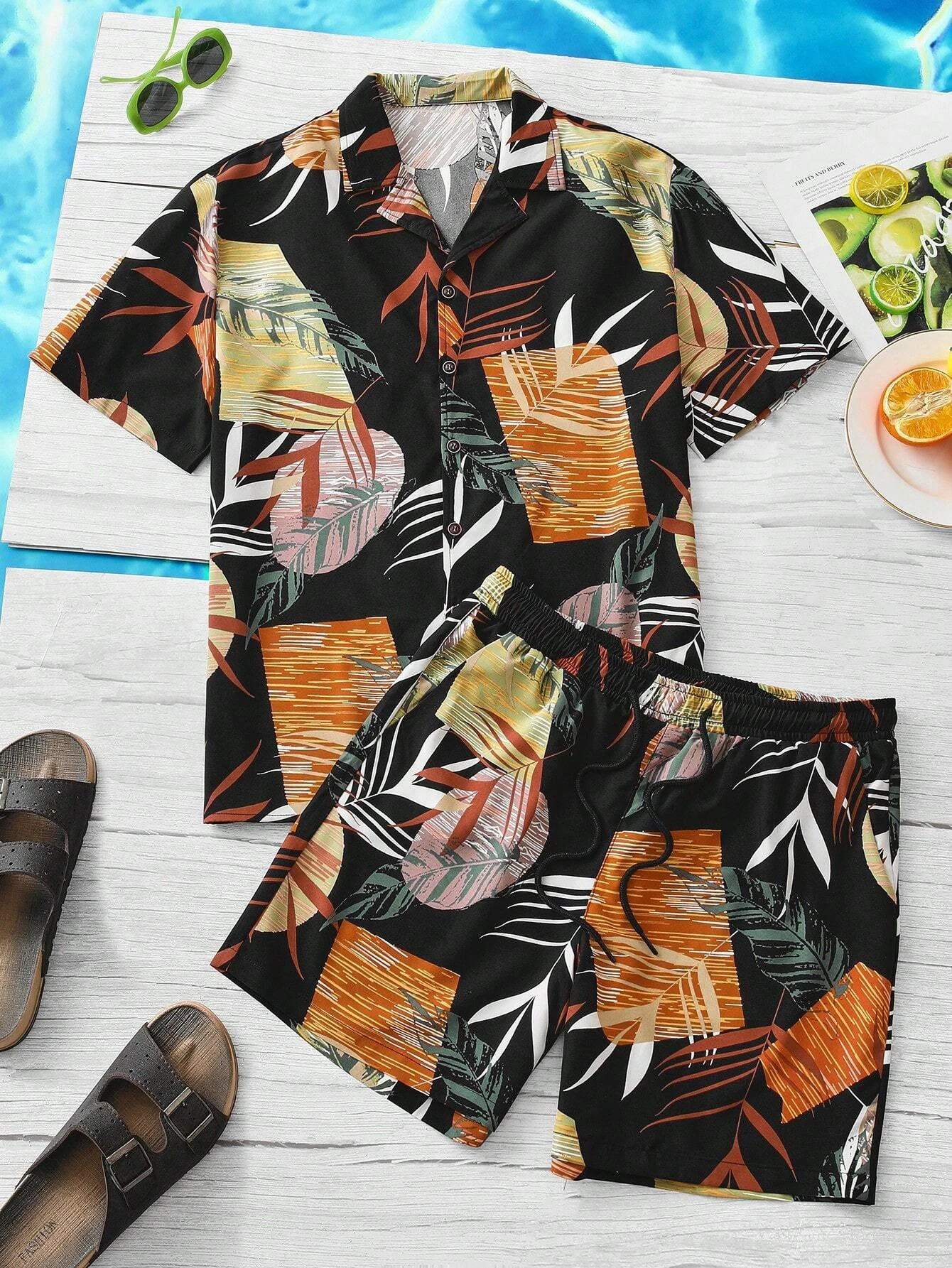 Summer Men and Women Short Sleeve Outfits Tropical Palm Tree Print Fashion Button Up Shirt Tops Short Sleeve Shorts