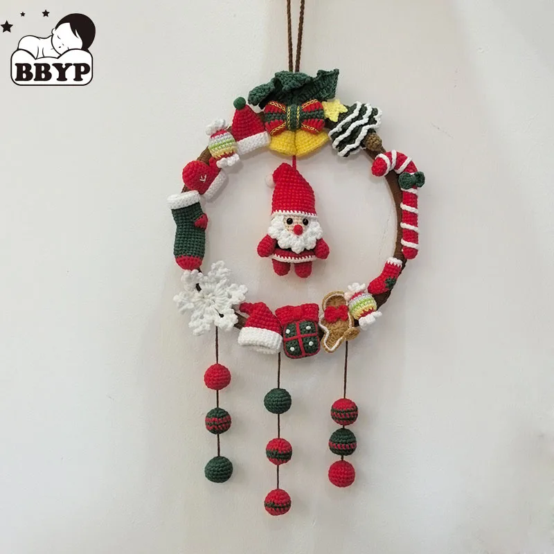 Crochet Christmas Wreath Front Door Artificial Winter Hanging Front Door Window Wreath with Pine Cone Bell Santa Claus Christmas