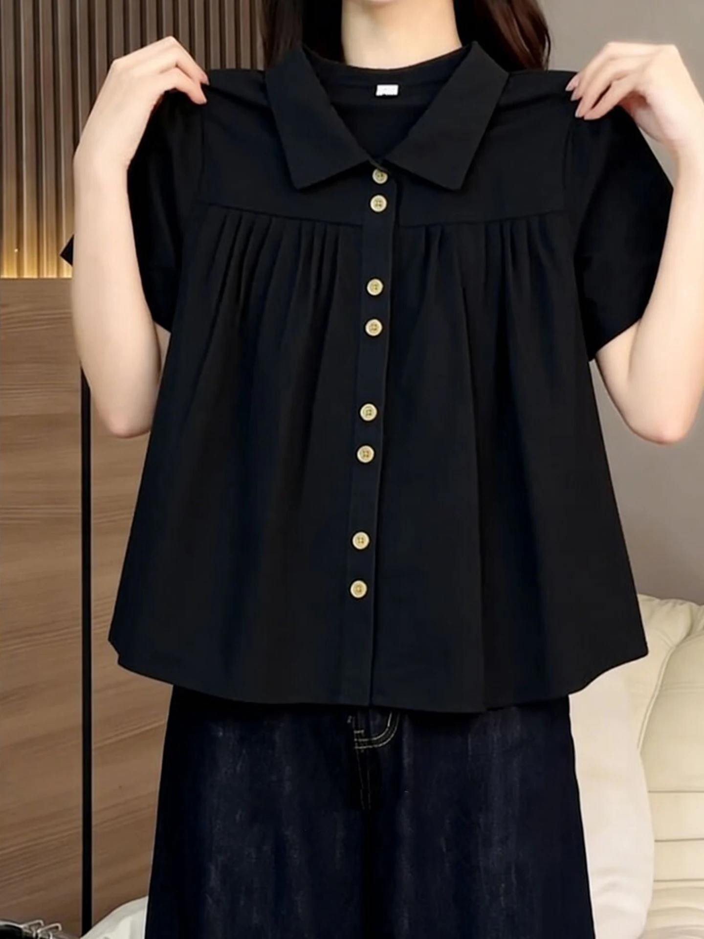 

Simple Pure Color Shirt Turn-down Collar Short Sleeve Single Button Commute Fashionable Casual Style Women's Summer Top