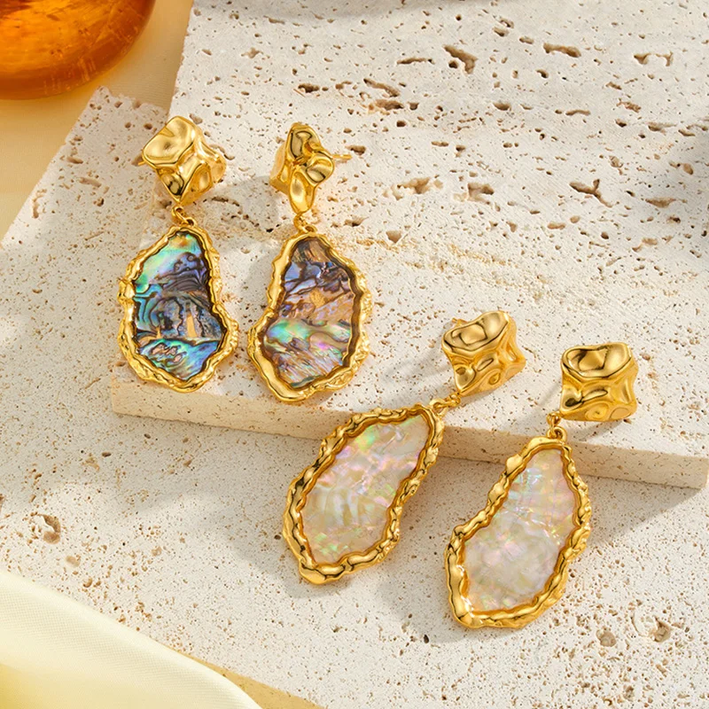 Letdiffery Boho Style Abalone Shell Drop Earrings for Women Stainless Steel Random Colorful Heart Teardrop Shell Dangle Earrings