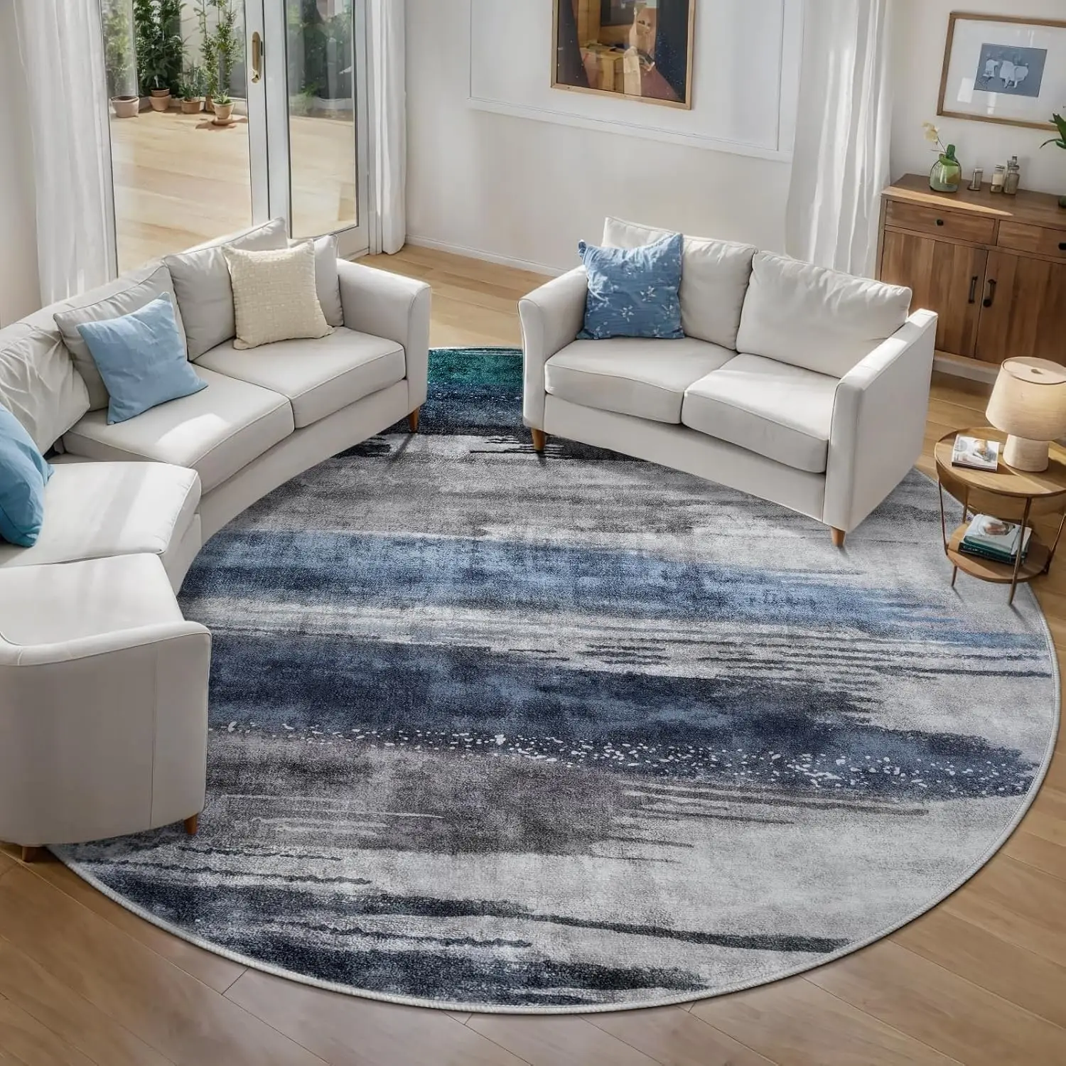 Layered Blue Gray Abstract Round Rug Horizontal Stroke Design for Minimalist Interior