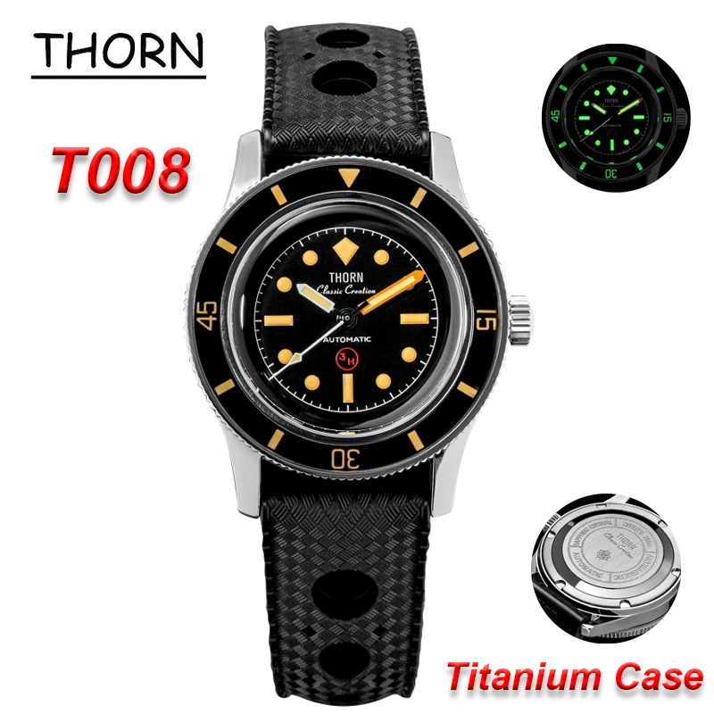 Thorn 50-Fathoms T008 Diver Watch Titanium Case PT5000 Movement 20ATM Waterproof Sapphire Glass Luminous 38mm Vintage Watches