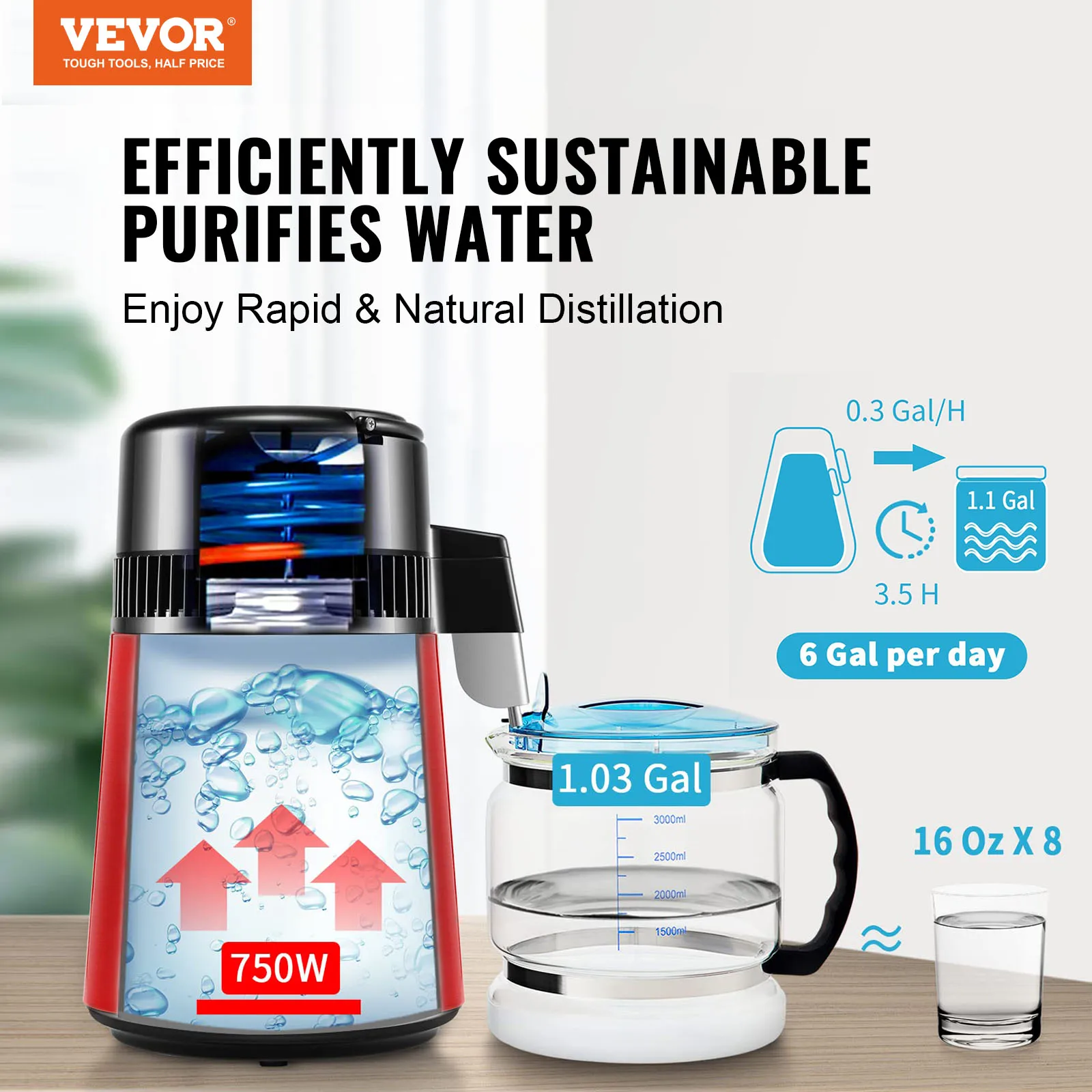 VEVOR Water Distiller 1.05Gal Home Water Purifier Filter 750W Countertop Stainless Steel Interior Distiller Water Making Machine