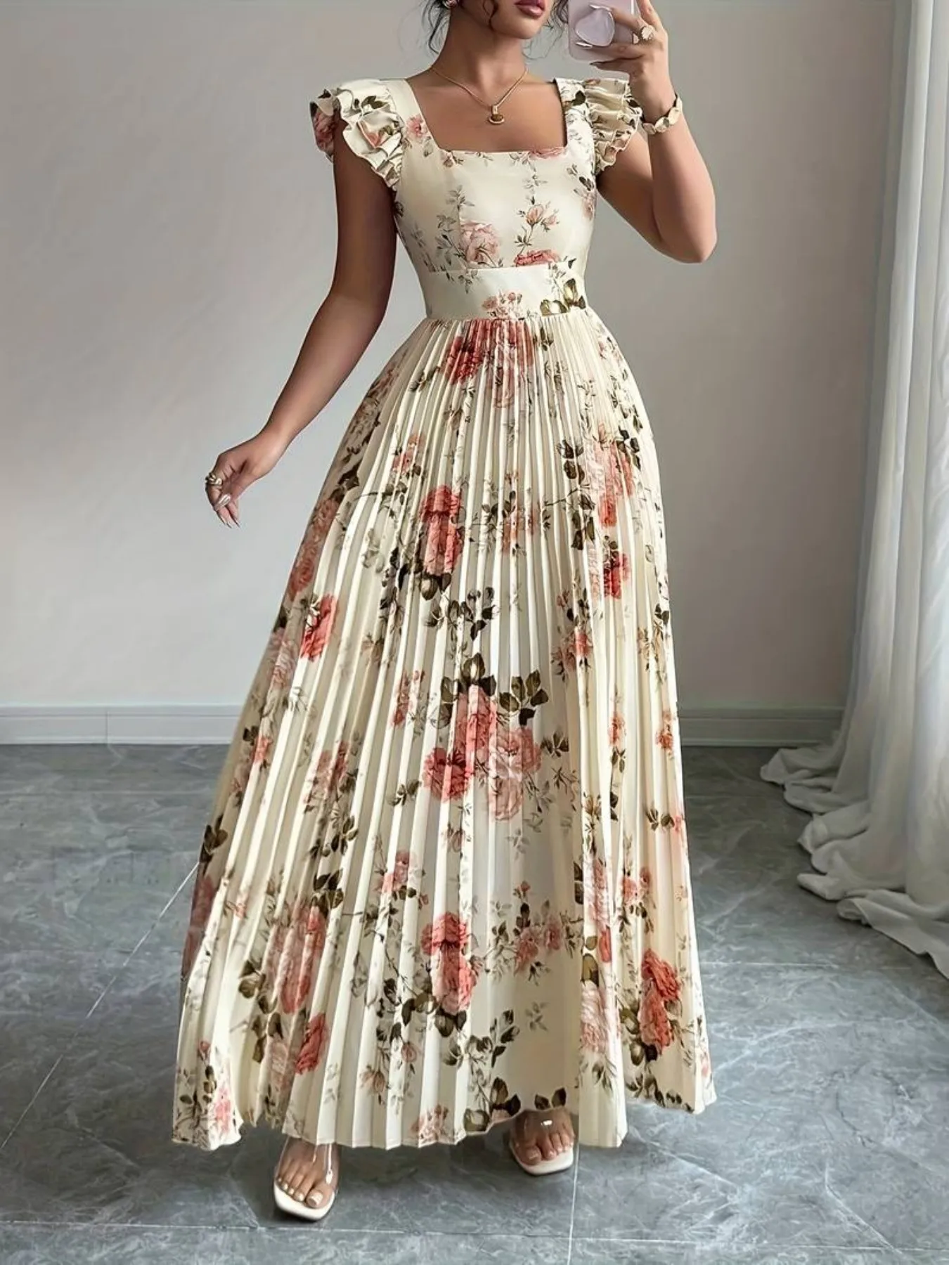 Elegant Pattern Pleated Long Dress Women's Maxi Dress Stylish Garment