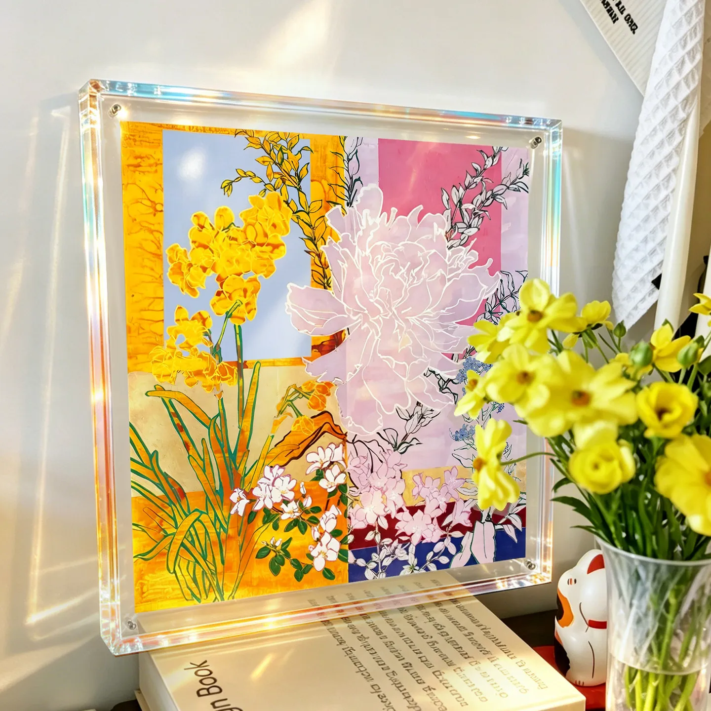 Large Pink Transparent Acrylic Picture Frame, Tabletop Wall Mounted Display for DIY Puzzle Art Wedding Photos