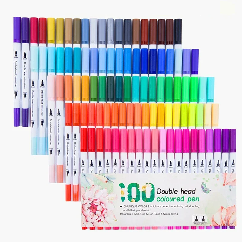 100 Pcs Colorful Pens Dual Tip Brush Marker Pen Watercolor Fine Liner Art Markers For Coloring Drawing Painting Calligraphy
