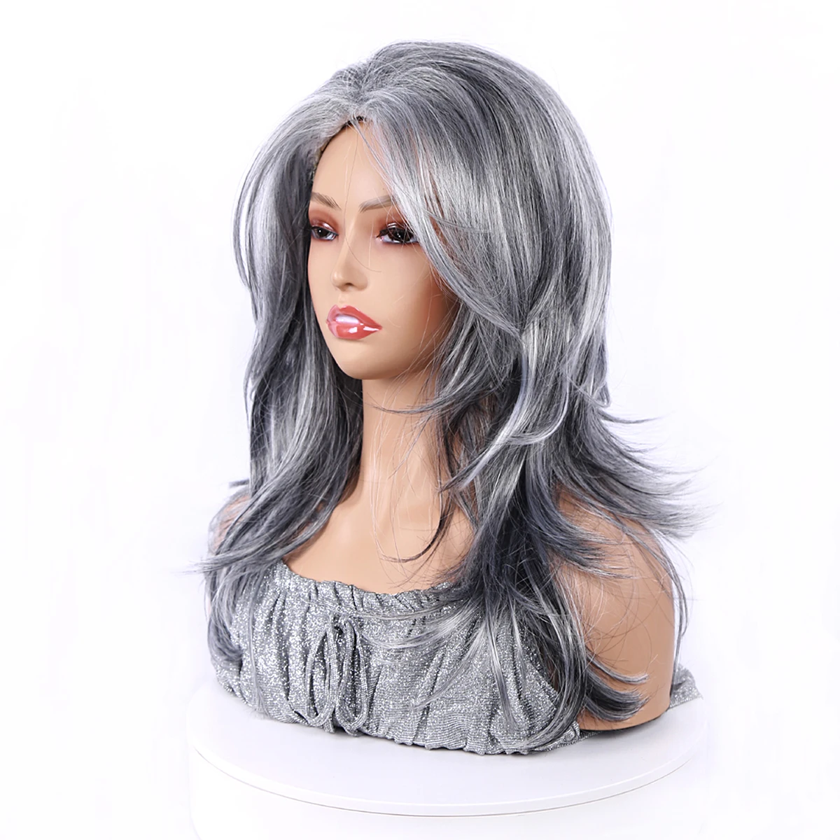 Synthetic Wavy Wigs Black Gray Wig for Women Layered Hair Wigs with Bang Long Straight Hair Wig for Party Cosplay