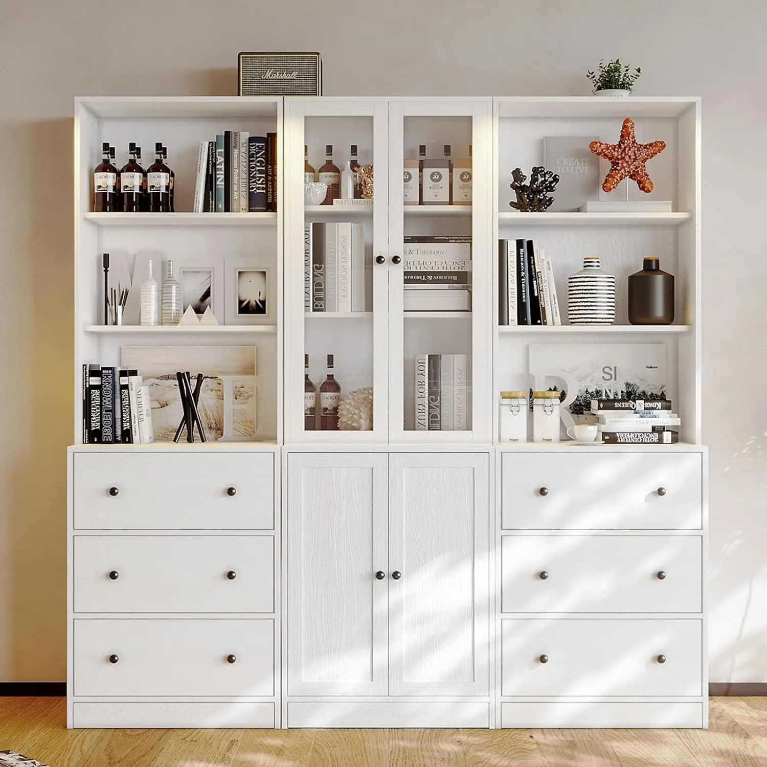 Vowner-Classeur Vertical, Bibliothèque Moderne à 3 Niveaux avec 3 Grandes MEL, Meuble de Rangement en Bois avec Étagère de Rangement Ouverte, Verre