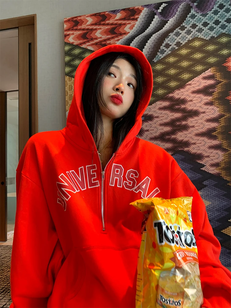 Red Hoodie Women's Loose Fit Long Sve Overhead Design Korean Sle Organic Cotton Spring Autumn Casual Comfortable Sweatirt