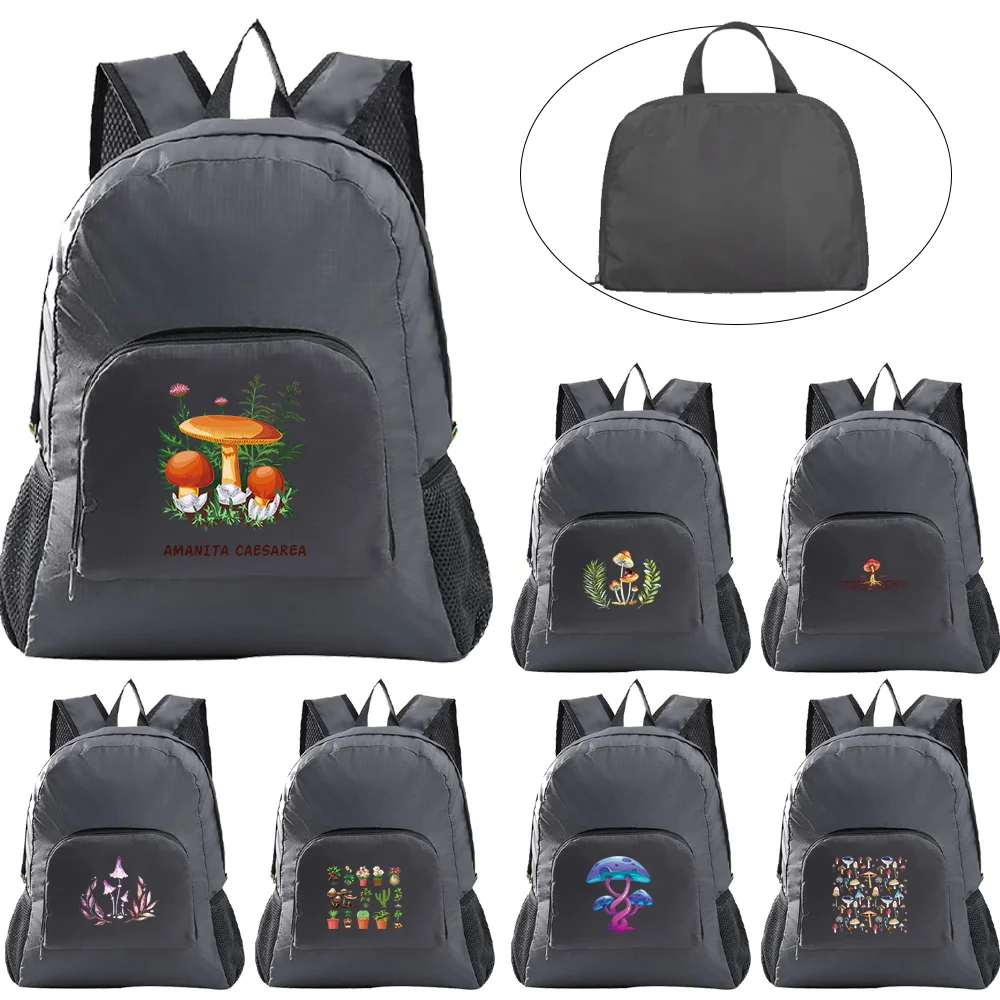 

Foldable Bag Outdoor Backpack Portable Camping Hiking Traveling Daypack Grey Storage shoulders Leisure Sport Bag Mushroom Print