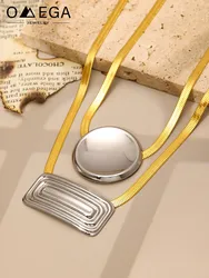 Stainless Steel Snake Chain Necklace For Women 18k Gold Plated With Silver Color Circular Square Pendant Women's Short Necklaces