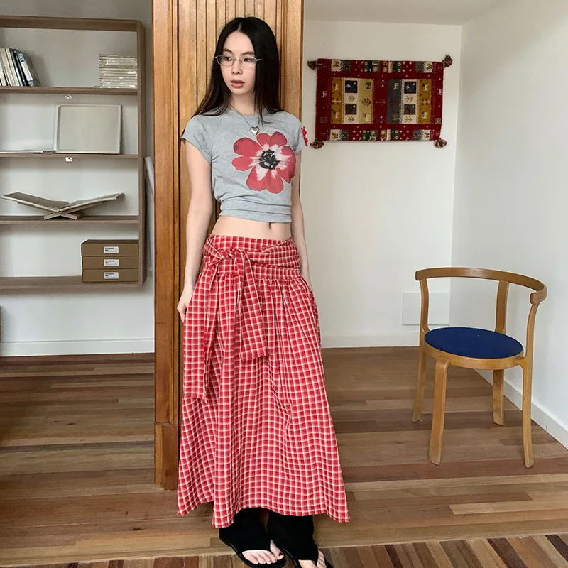 

Hot Girl Color Blocking Tie Detail Plaid Side Zipper Loose Tube Top Dress Convertible To Skirt Two Way Styling Casual Summer