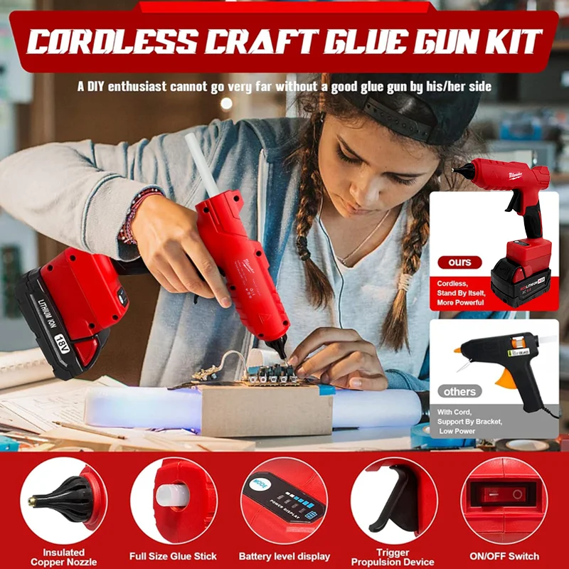 Milwaukee Portable Cordless Hot Glue Gun for Milwaukee 18V Battery Tools for Arts Crafts DIY Repair with 20 Pcs Hot Glue Sticks