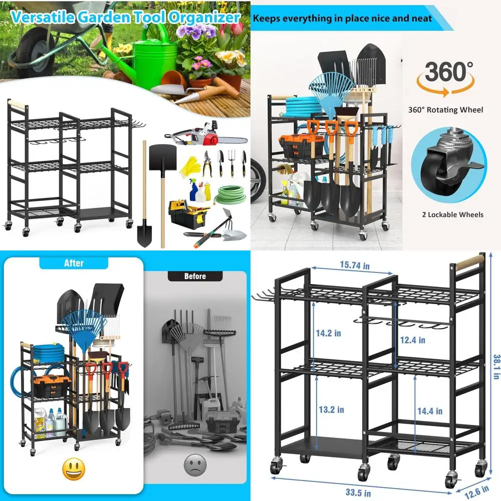 

3-Tier Rolling Metal Garden Tool Organizer, Yard Storage Rack for Garage, Holds Long Handled Tools
