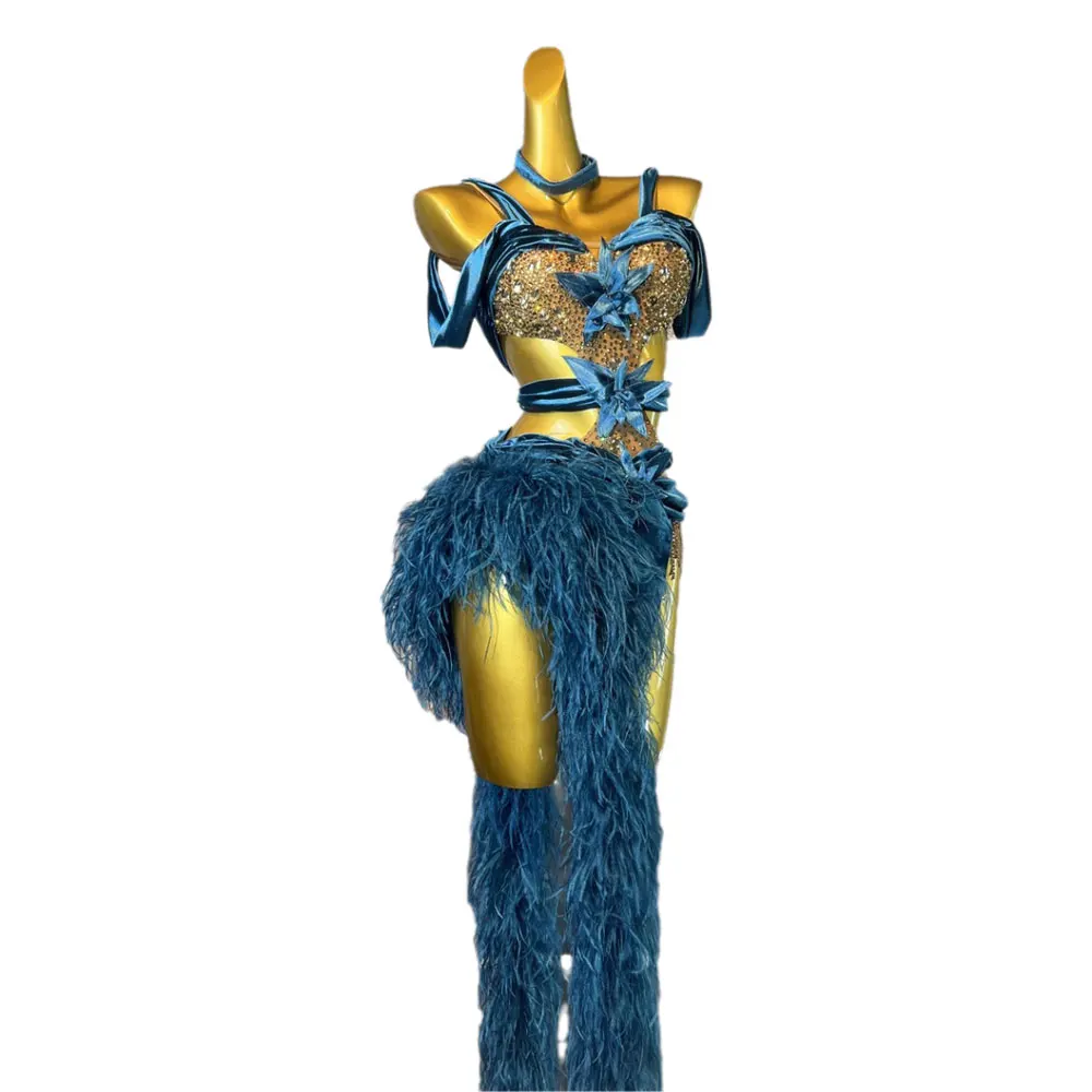 Latin Dance Dress, High-end Custom Art Exam Floral Costume, Fluffy Tail, Samba Tango, Female Adult Stage Professional Costume
